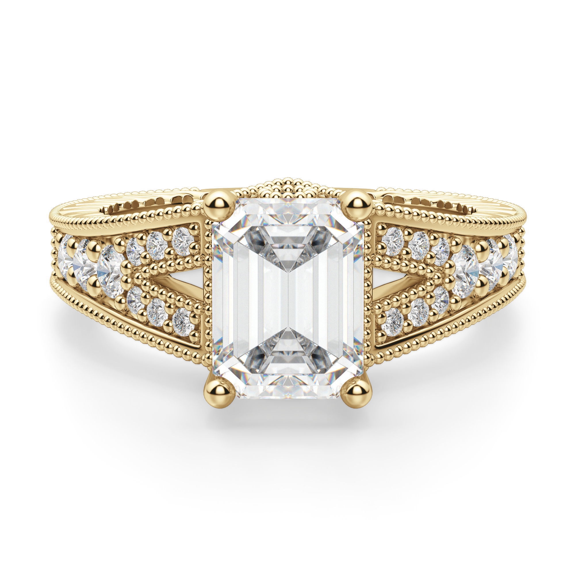 Valencia Szmaragdowy 0.75 krt Pierścionek Zaręczynowy Diament Laboratoryjny 585 Żółte Złoto (14K)