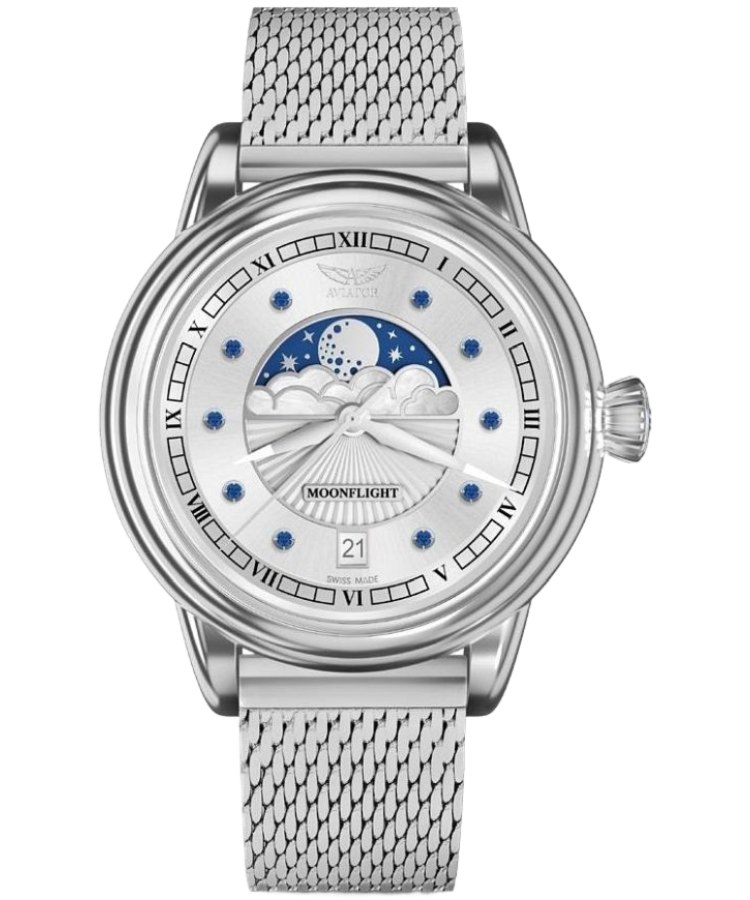 Zegarek damski Aviator Moonflight Gemstone Edition Silver Blue Sapphire Limited Edition V.1.33.0.415.5