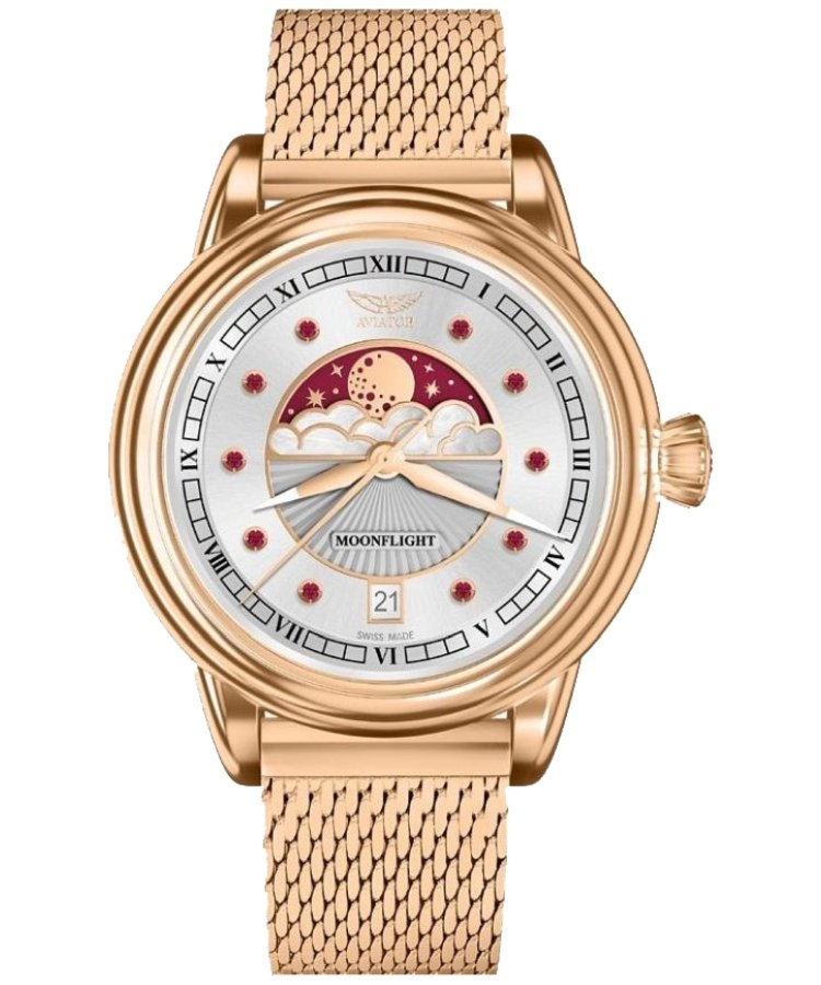Zegarek damski Aviator Moonflight Gemstone Edition Silver Red Ruby Limited Edition V.1.33.2.420.5