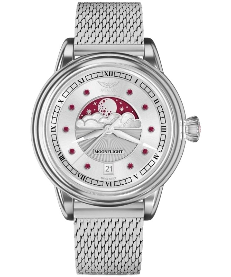 Zegarek damski Aviator Moonflight Gemstone Edition Silver Red Ruby Limited Edition V.1.33.0.419.5