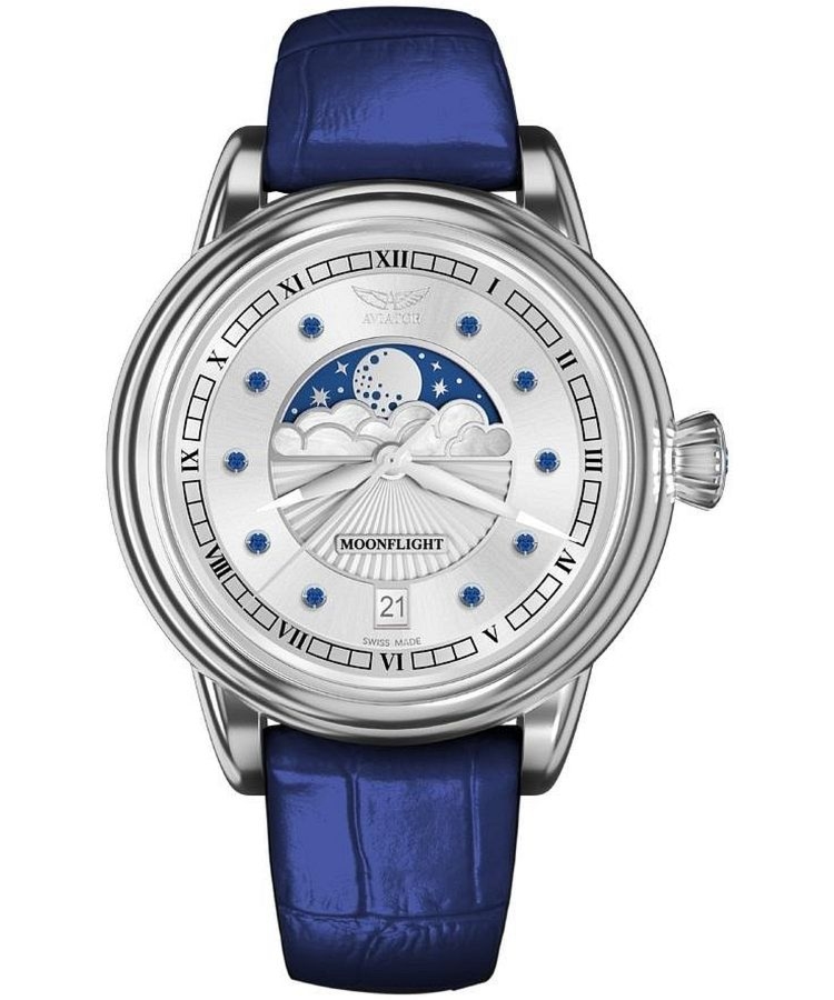 Zegarek damski Aviator Moonflight Gemstone Edition Silver Blue Sapphire Limited Edition V.1.33.0.415.4