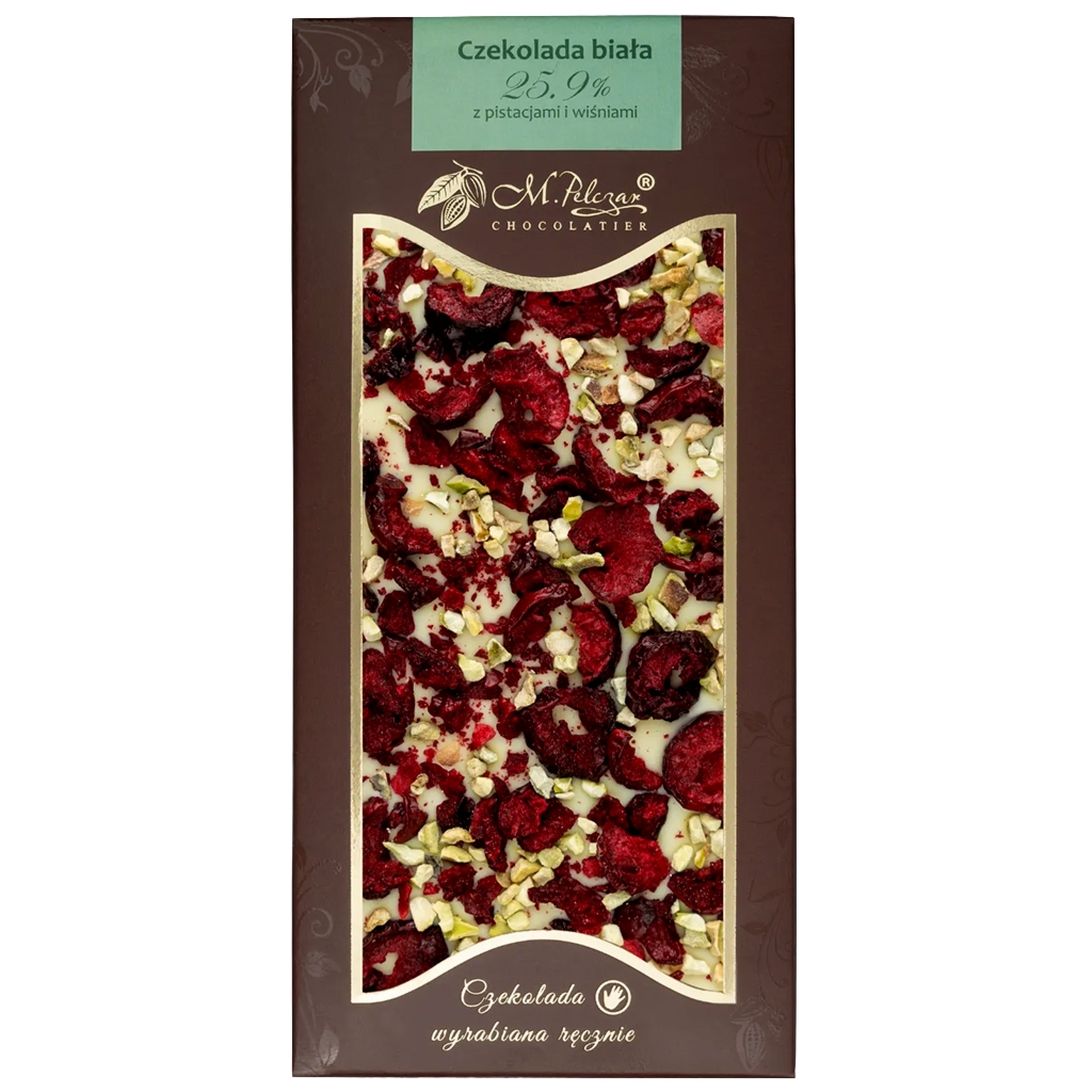 M.Pelczar Chocolatier Czekolada biała 25,9% z pistacjami i wiśniami 80g - M.pelczar Chocolatier