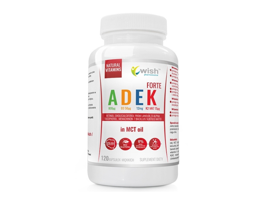 Witamina ADEK FORTE A,D3,E,K2 MK-7 w oleju MCT 120 kapsułek miękkich - Wish