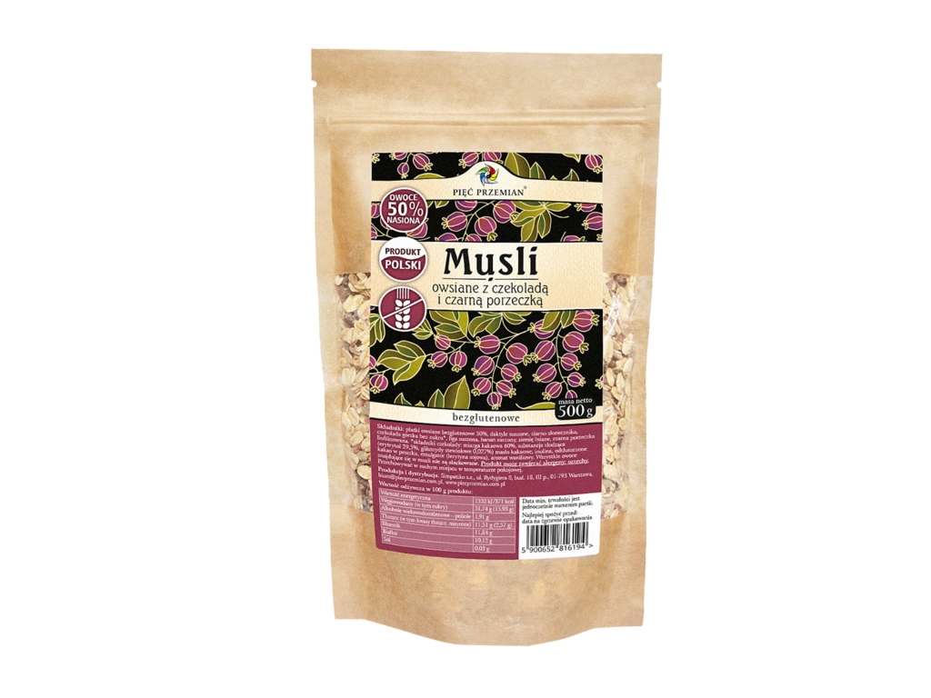 Musli owsiane bezglutenowe z czekoladą i czarną porzeczką 500g Pięć Przemian - Pięć Przemian