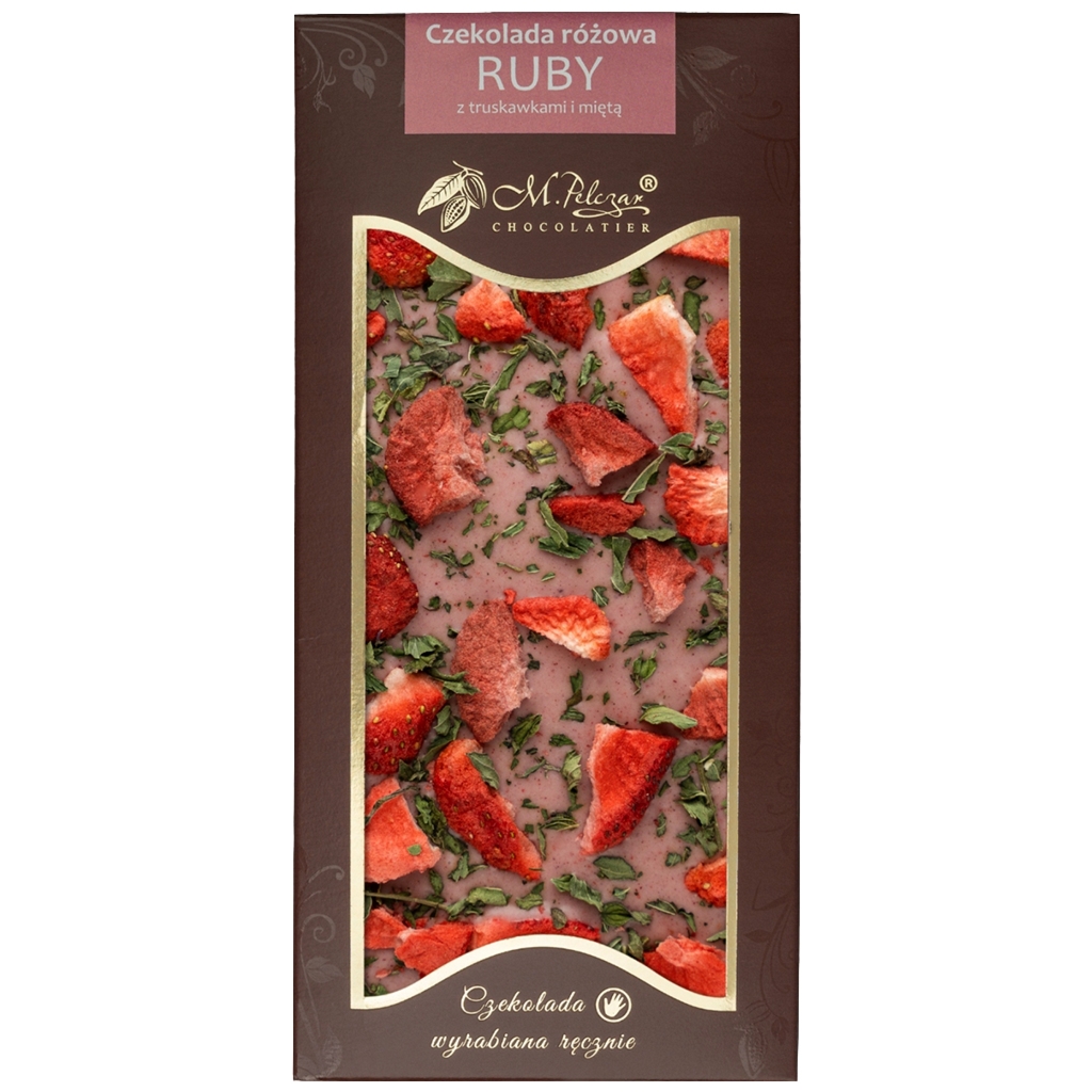 M.Pelczar Chocolatier Czekolada różowa RUBY z truskawkami i mięta 80g - M.pelczar Chocolatier