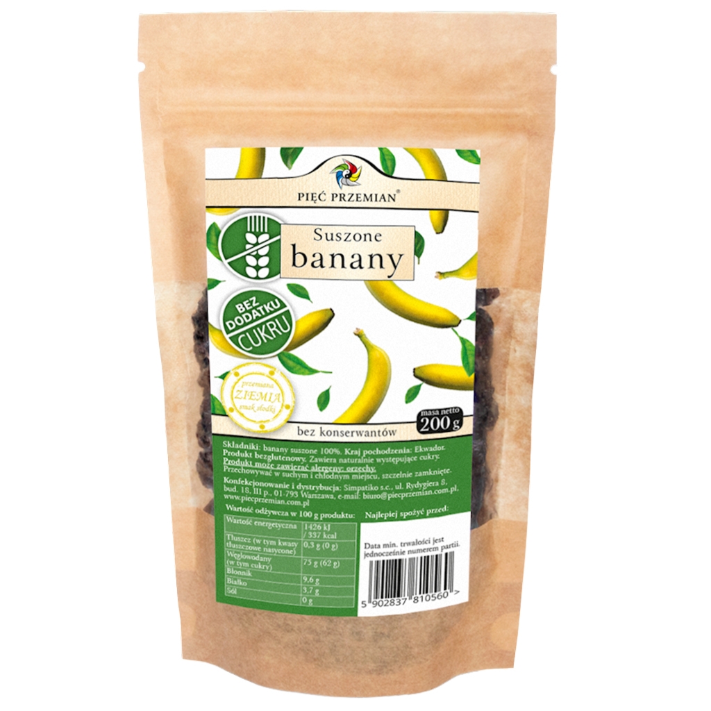 Banany suszone bez dodatku cukru 200 g - Pięć Przemian