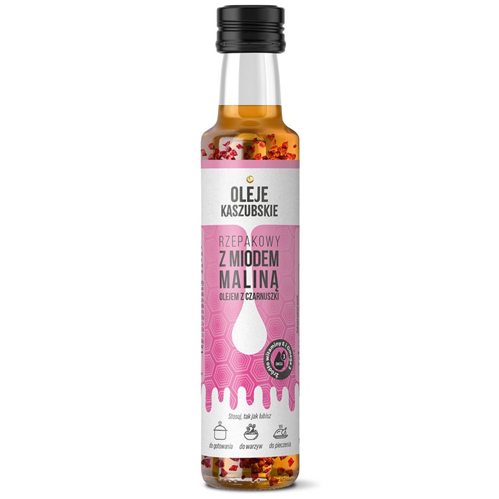Olej rzepakowy z miodem, maliną i olejem z czarnuszki 250ml - Oleje Kaszubskie