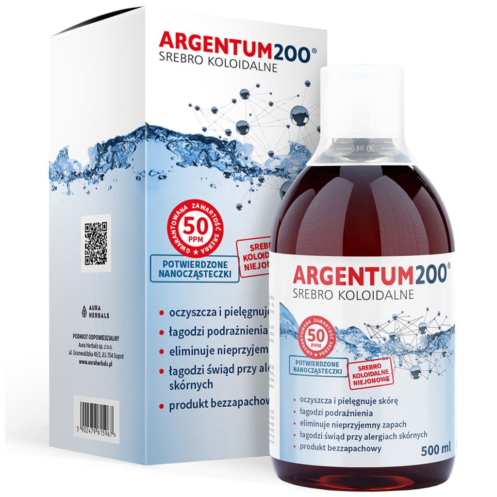 AURA HERBALS Srebro Koloidalne 50 ppm, Argentum200, tonik 500 ml