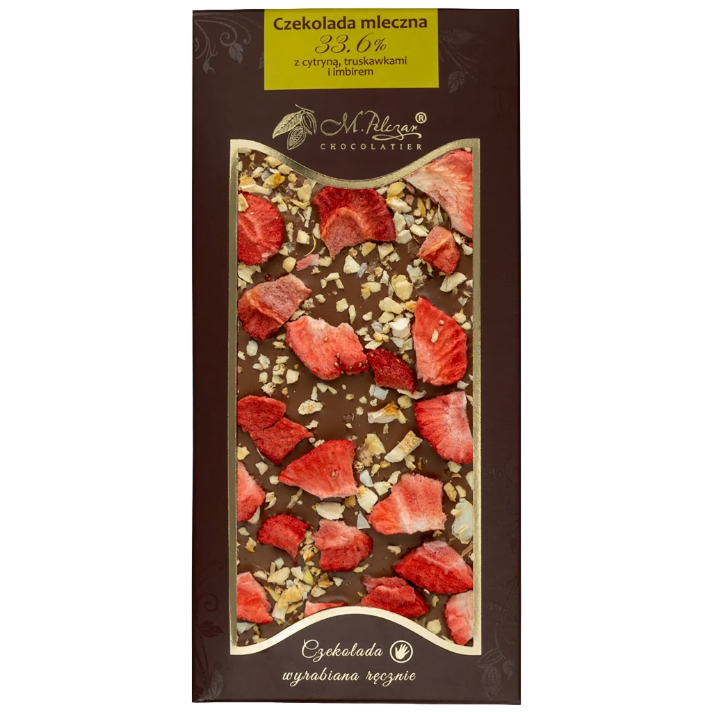 M.Pelczar Chocolatier Czekolada mleczna 33,6% z cytryną, truskawkami i imbirem 80g - M.pelczar Chocolatier