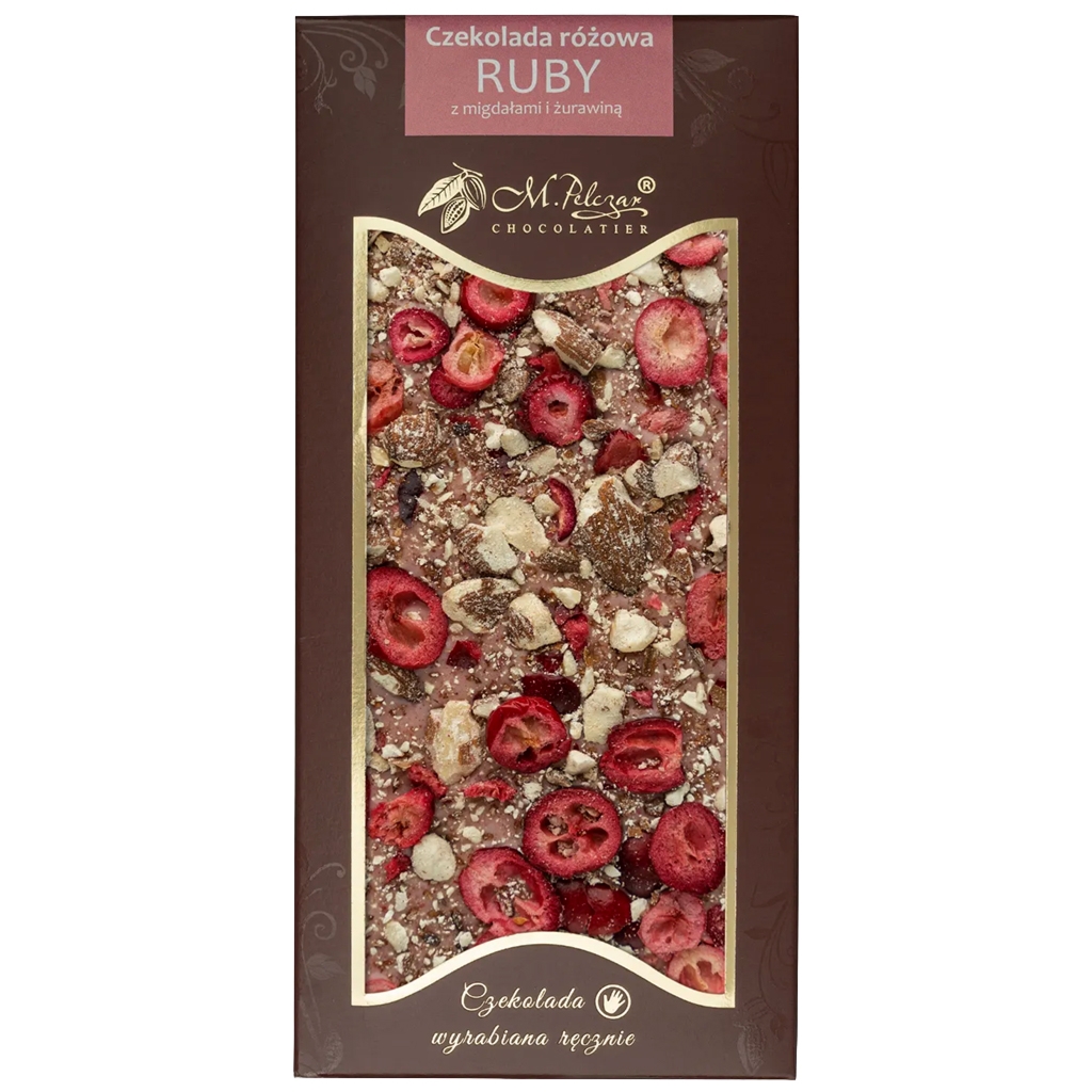 M.Pelczar Chocolatier Czekolada różowa RUBY z żurawiną i migdałami 80g - M.pelczar Chocolatier