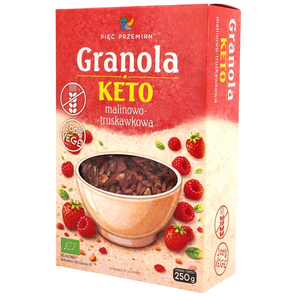 PIĘĆ PRZEMIAN Granola KETO malinowo-truskawkowa bezglutenowa BIO 250 g - Pięć Przemian