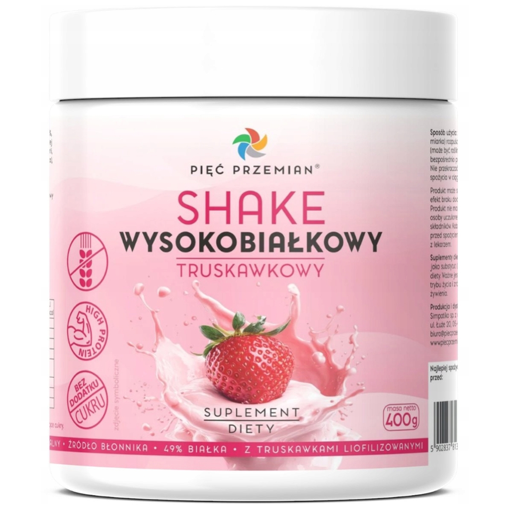 PIĘĆ PRZEMIAN Shake wysokobiałkowy truskawkowy 400 g - Pięć Przemian