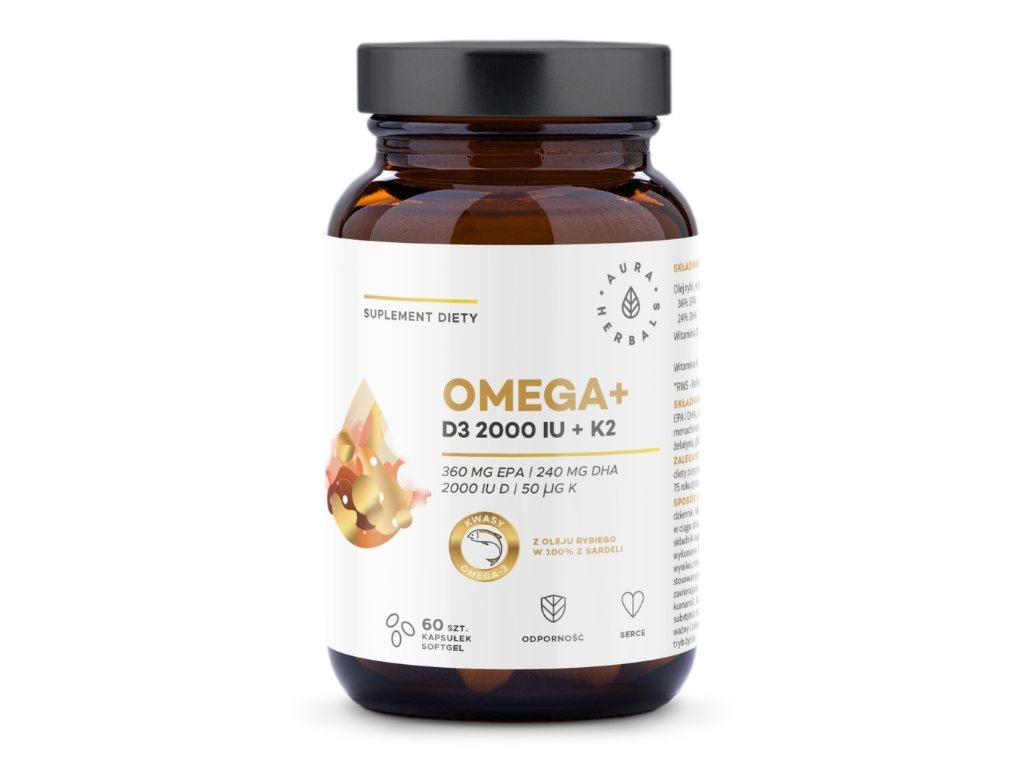 Omega+ z witaminą D3 2000 IU z witaminą K2 softgels 60 kapsułek - Aura Herbals