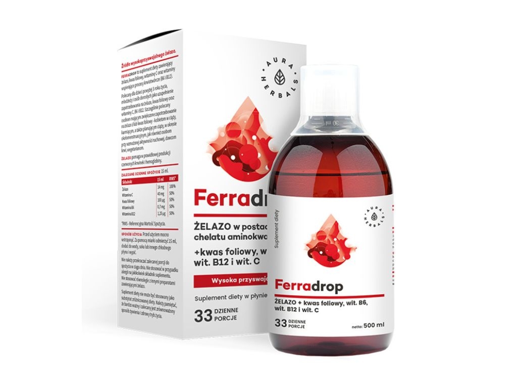 Ferradrop żelazo i kwas foliowy w płynie 500ml - Aura Herbals
