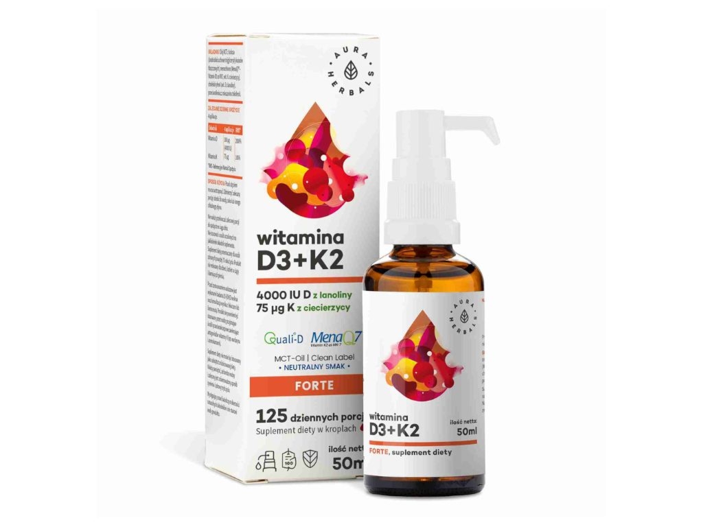Witamina D3 4000IU z witamina K2 z olejem MCT w kroplach 50ml - Aura Herbals