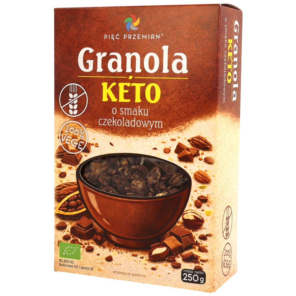 PIĘĆ PRZEMIAN Granola KETO o smaku czekoladowym bezglutenowa BIO 250 g - Pięć Przemian