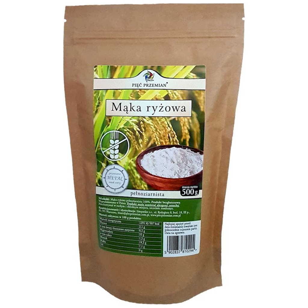 Mąka ryżowa pełnoziarnista bezglutenowa 500 g - Pięć Przemian