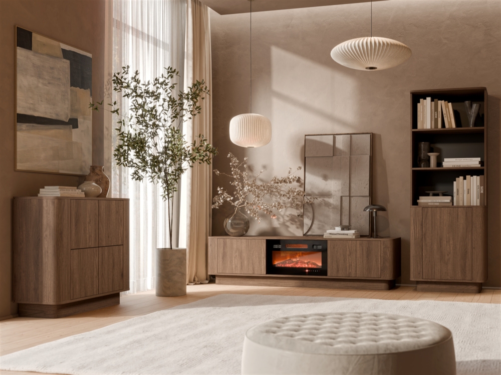 Szafka RTV z kominkiem orzech elegant mat 180 cm Lunaro