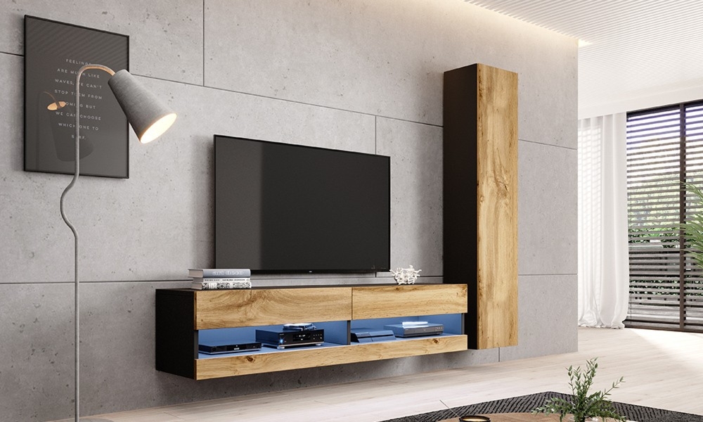 Witryna wisząca czarna / dąb wotan mat 40 x 180 cm Vidago