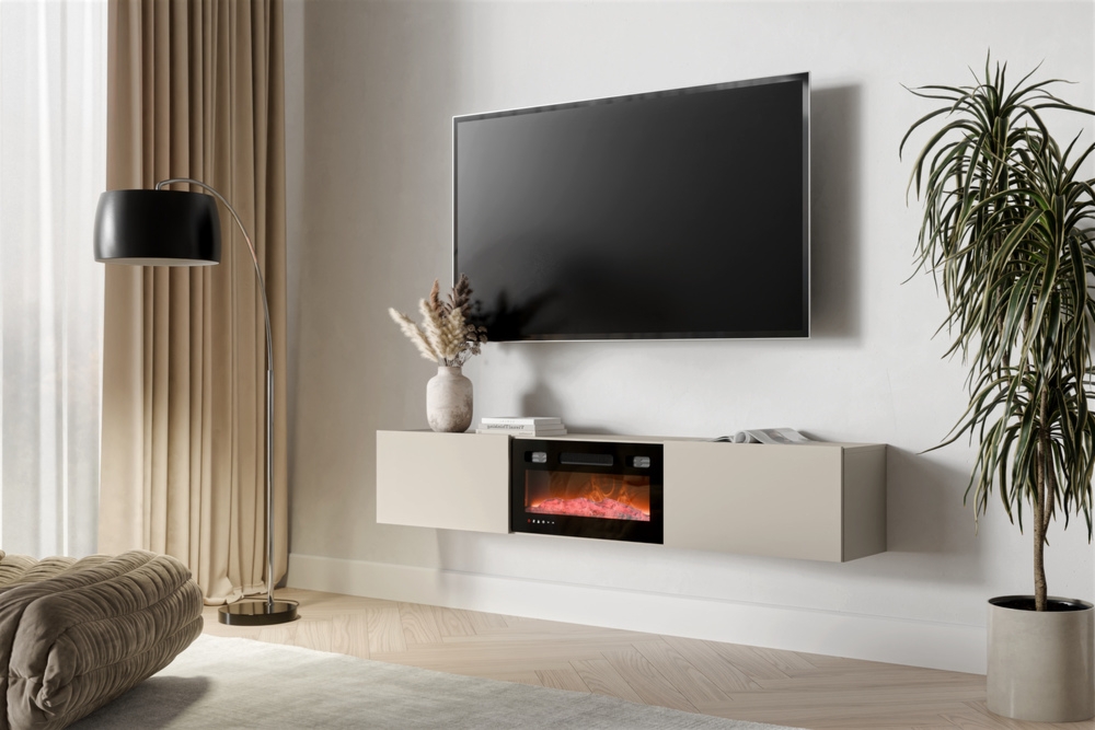 Szafka RTV wisząca z kominkiem kaszmir mat 180 cm Alto