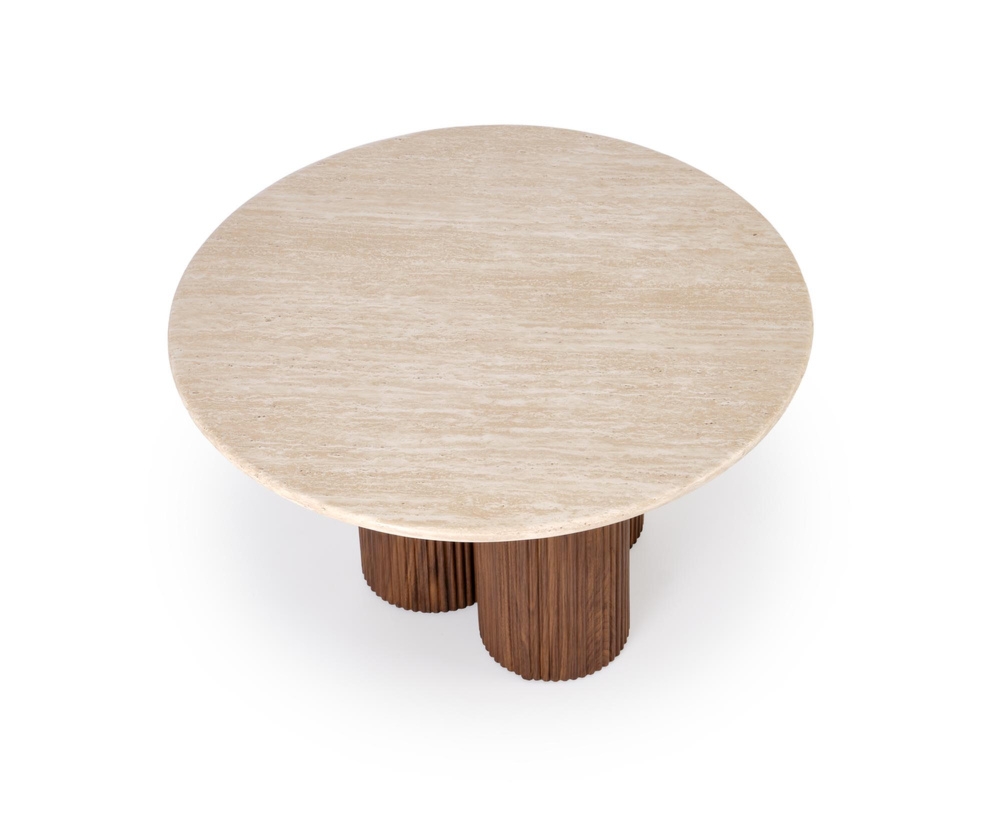Stolik kawowy okrągły trawertyn / orzech mat 80 cm Dorotea