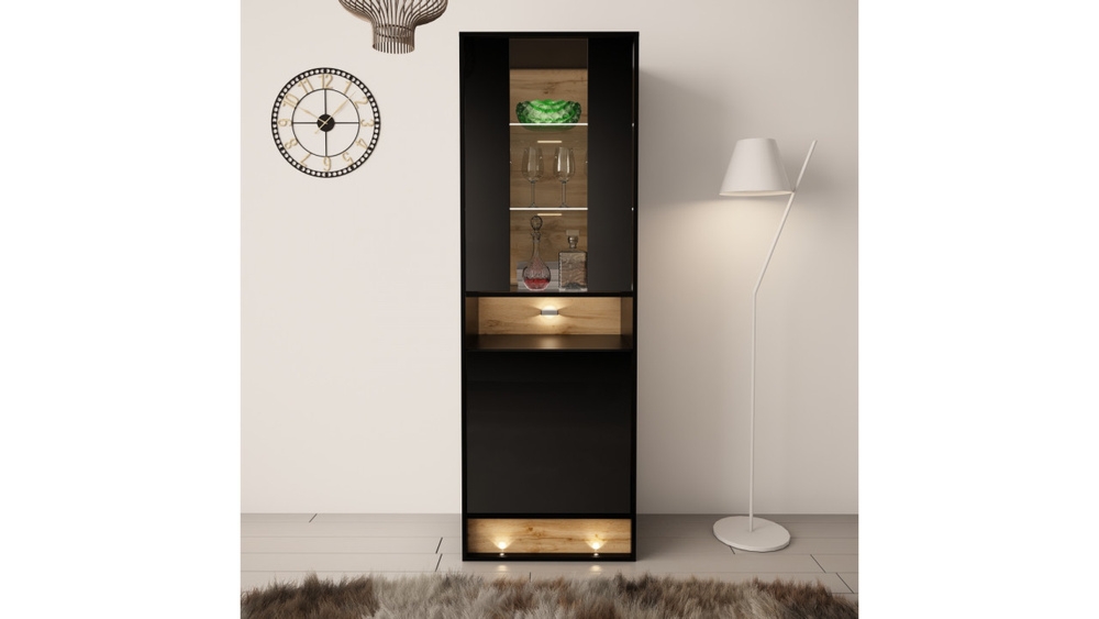 Witryna dwudrzwiowa czarna / dąb wotan mat / połysk 60 x 180 cm Image