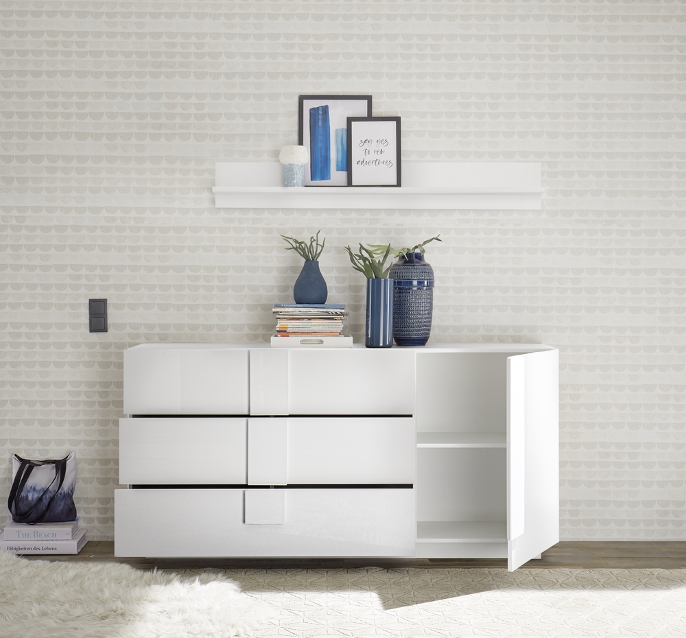 Komoda z szufladami i drzwiami biała wysoki połysk 182 cm Sorelle