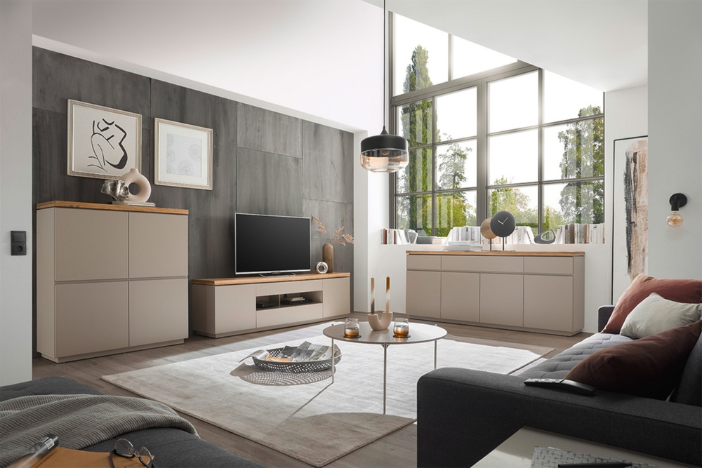 Komoda z szufladami i drzwiami beżowoszara / drewno akacjowe mat 200 cm Cavo