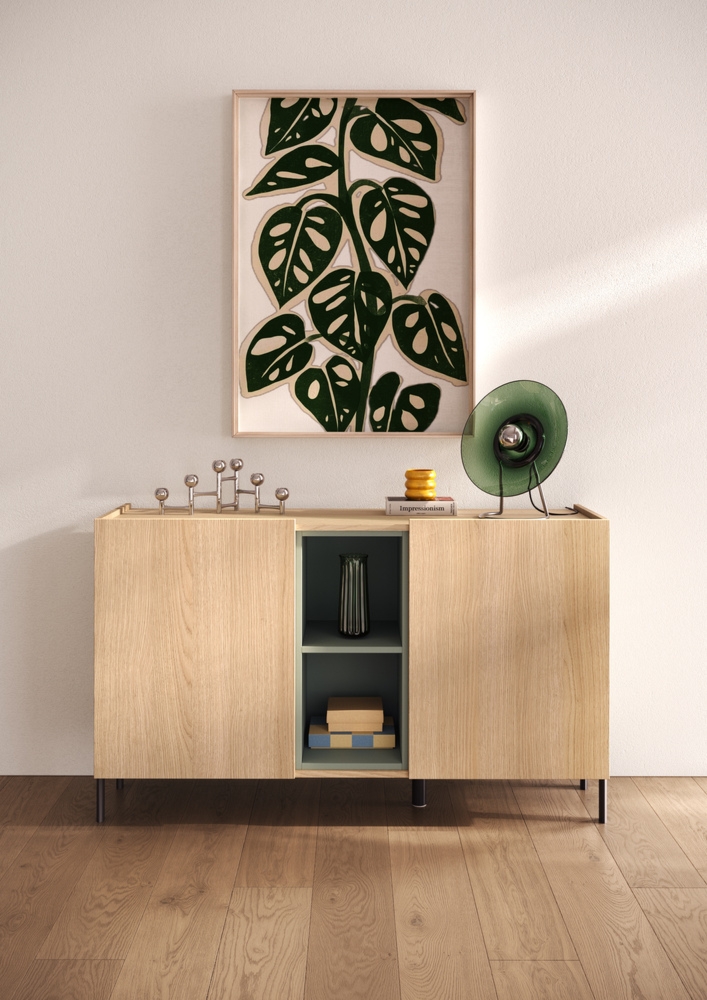 Komoda z drzwiami dąb lindberg / zielona szałwia mat 130 cm Visby
