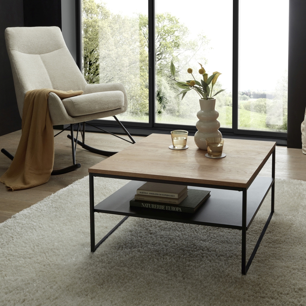 Stolik kawowy z półką drewniany dąb / czarny mat 70 x 70 cm Square