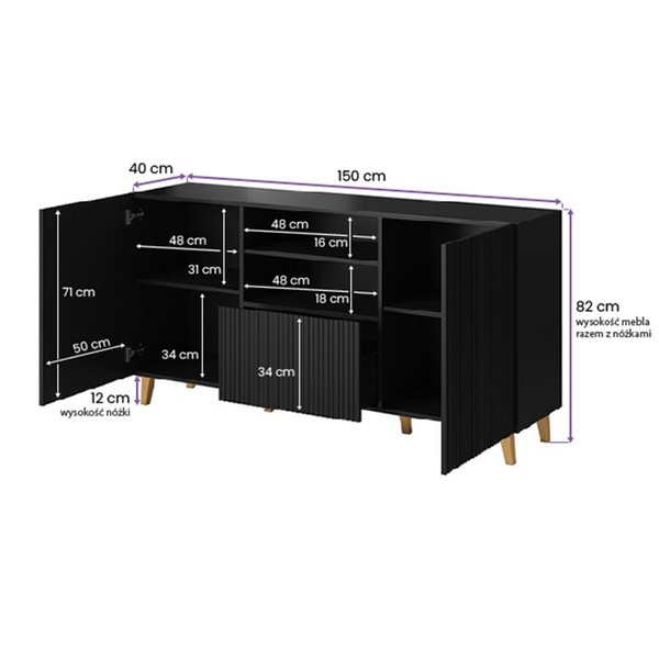 Komoda z drzwiami i szufladami czarna / złota mat 150 cm Malia High glossy furniture
