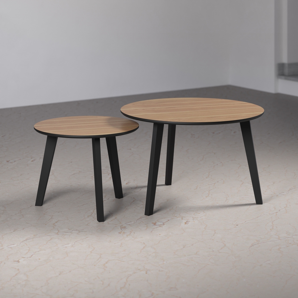 Zestaw 2 stolików kawowych okrągłych dąb / czarny mat 70 cm, 50 cm Loftis