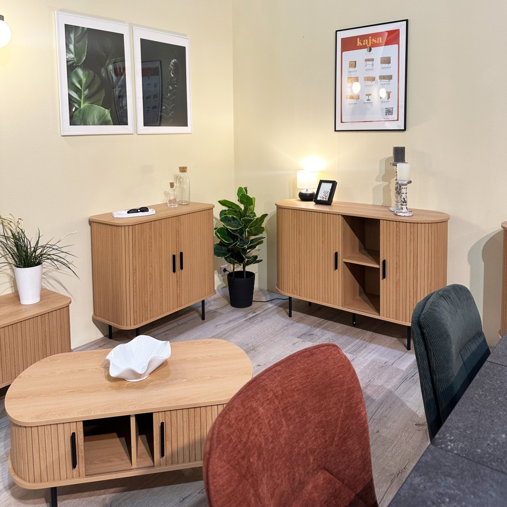 Komoda owalna z drzwiami dąb / trawertyn mat 80 cm Fabia