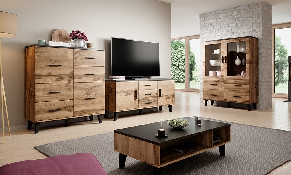 Witryna dwudrzwiowa z szufladami dąb wotan / czarna mat 120 x 160 cm Livorno High glossy furniture