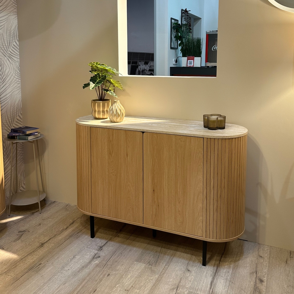 Komoda owalna z drzwiami dąb / trawertyn mat 120 cm Fabia