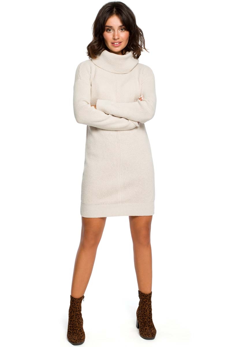 Image of Beżowy Długi Sweter- Sukienka z Szerokim Golfem