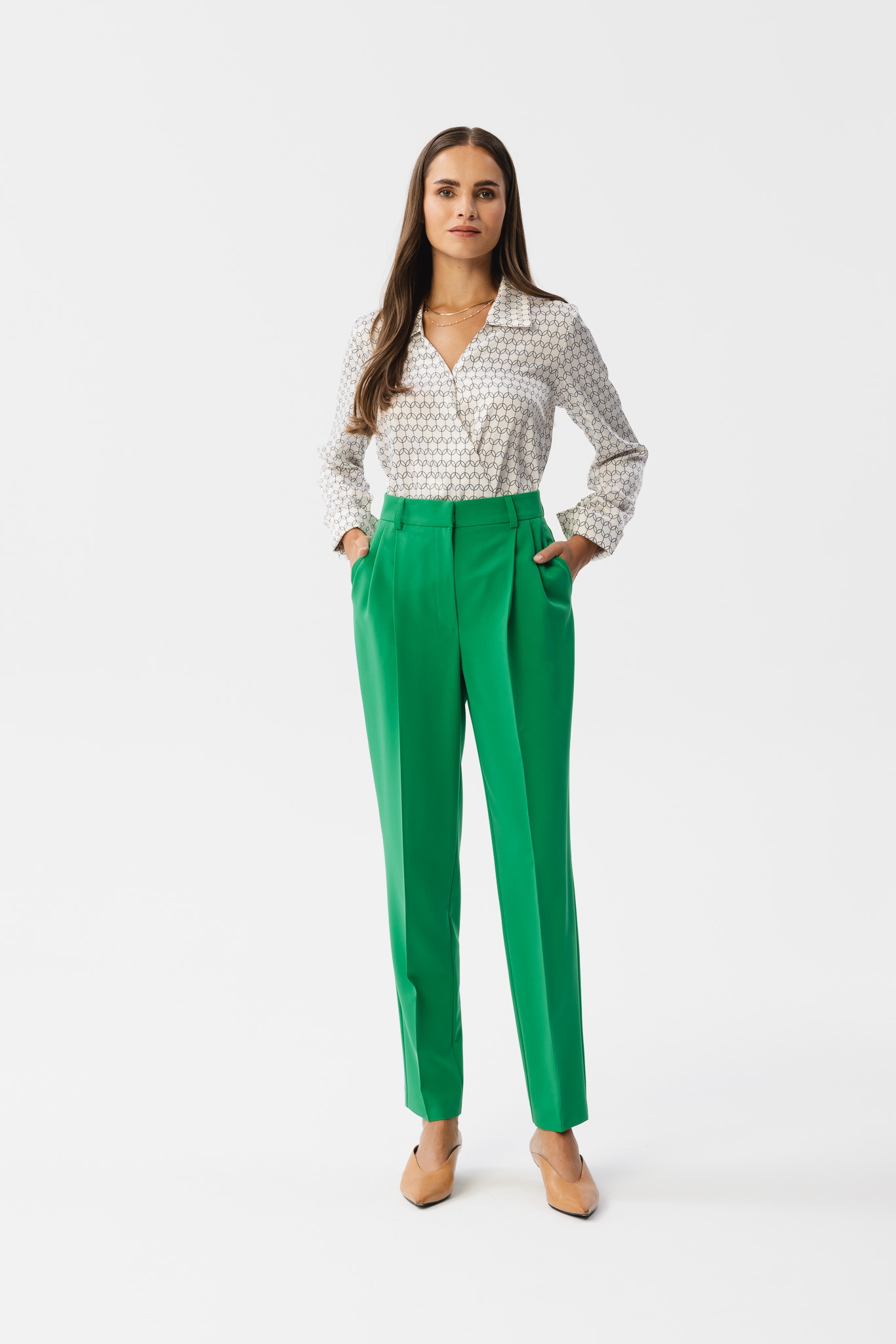 Image of Zielone Elegankie Spodnie z Wysokim Stanem