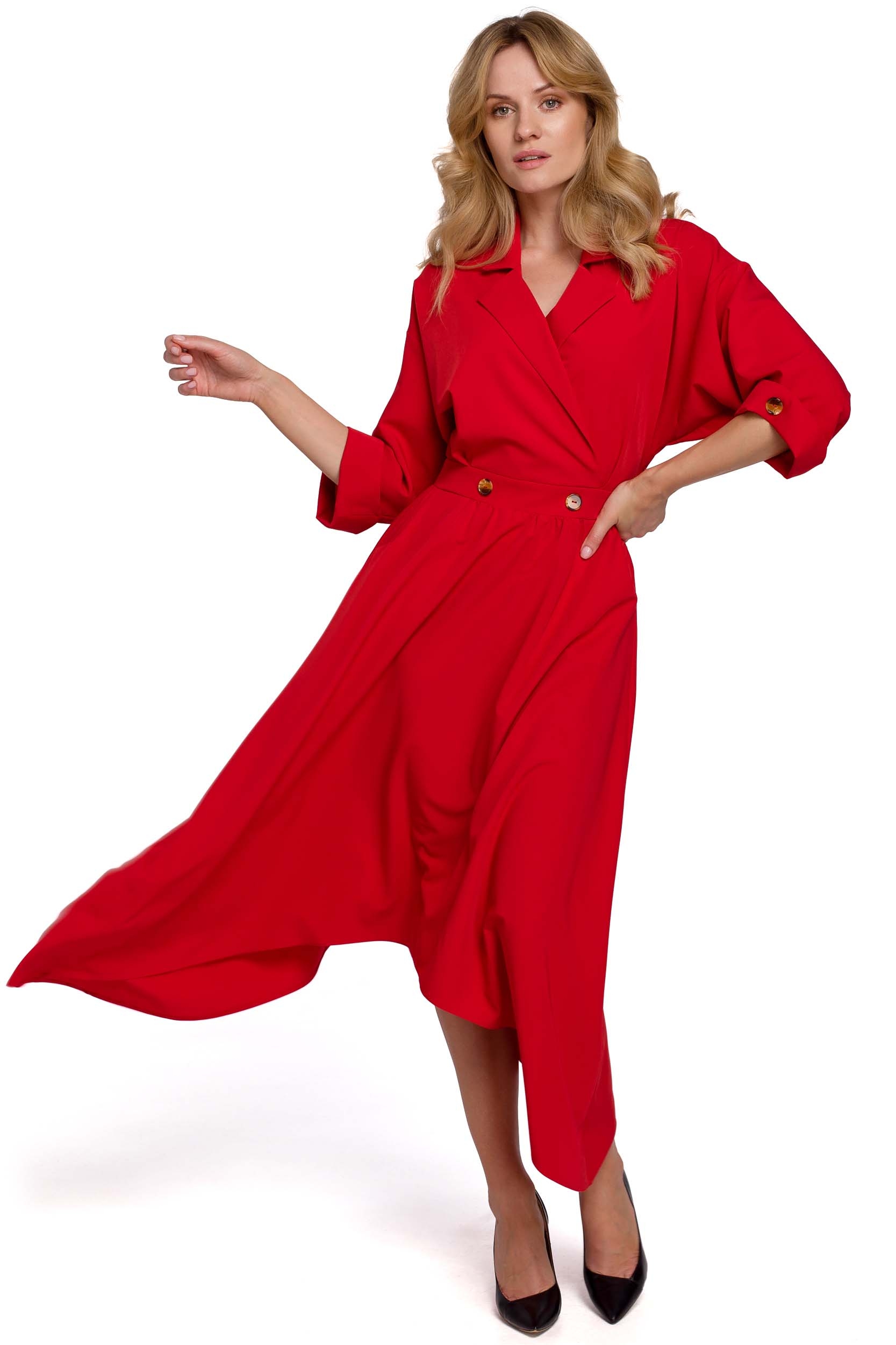 Image of Czerwona Asymetryczna Rozkloszowana Sukienka z Kopertowym Dekoltem