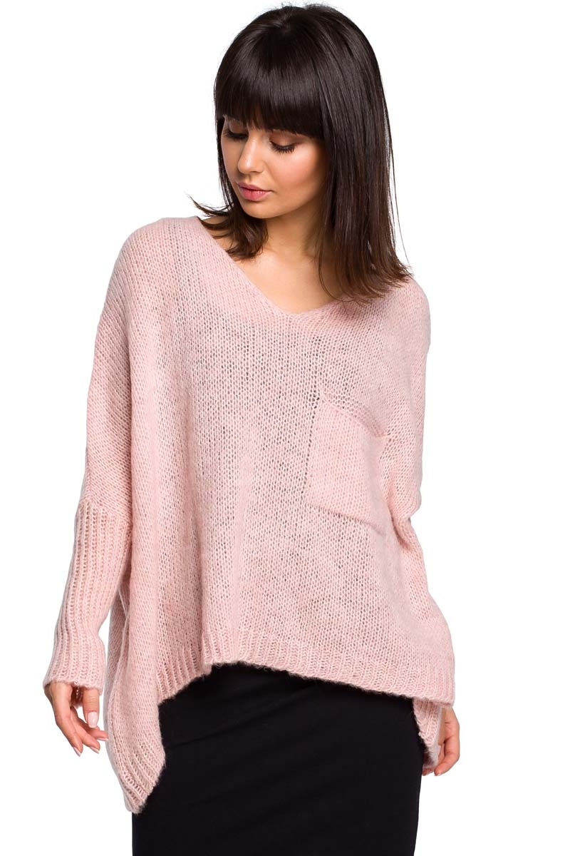Image of Różowy Asymetryczny Oversizowy Sweter z Kieszonką