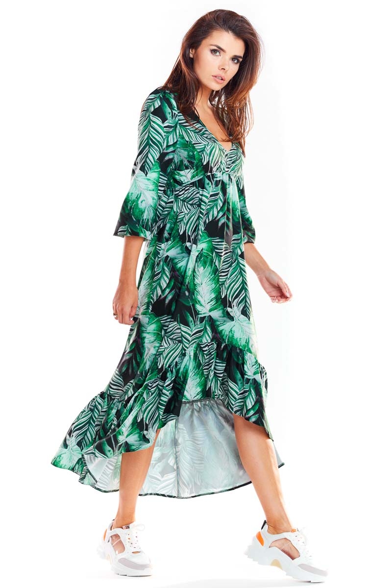 Image of Zielona Asymetryczna Sukienka Midi z Florystycznym Motywem