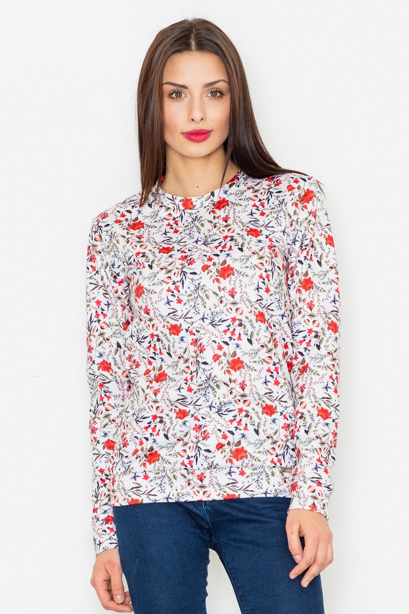 Image of Ecru Klasyczna Bluza w Kolorowe Kwiaty