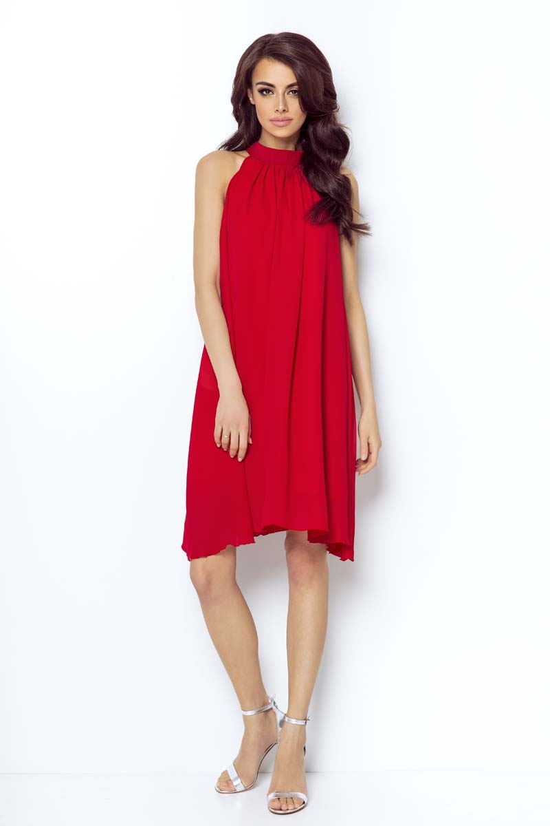 Image of Czerwona Zwiewna Koktajlowa Sukienka z Dekoltem Halter na Stójce