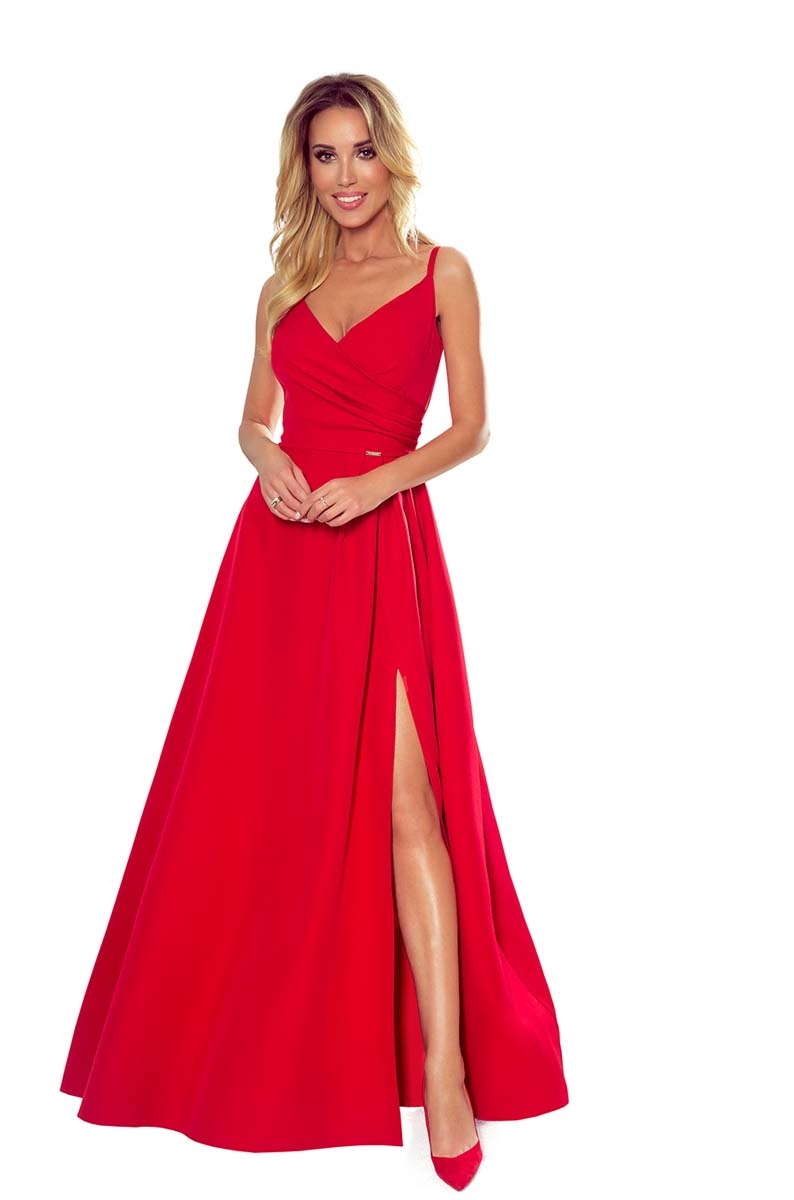 Image of Czerwona Maxi Sukienka na Ramiączkach z Kopertowym Dekoltem