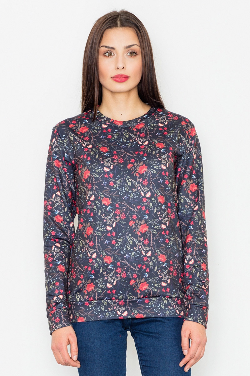 Image of Czarna Klasyczna Bluza w Kolorowe Kwiaty