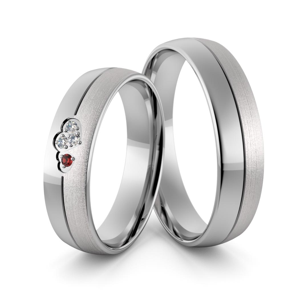 Obrączki srebrne z splecionymi sercami z cyrkoniami swarovski i rubinem - wzór ag-361