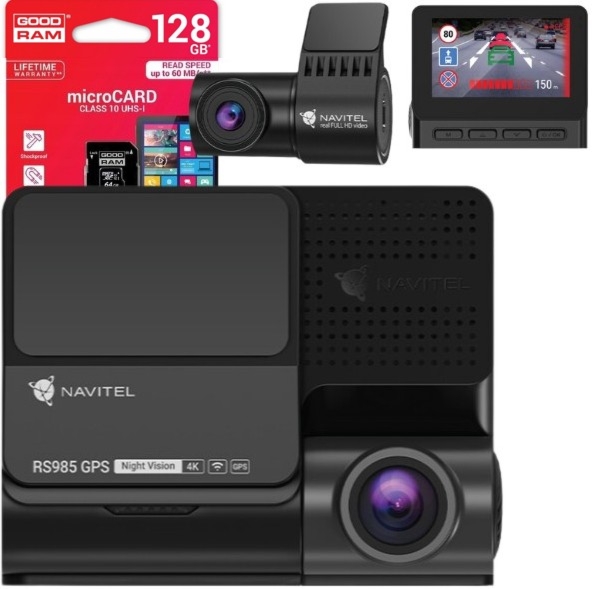 Zestaw Wideorejestrator NAVITEL RS985 GPS Duo (przód + tył) 4K, HDR, ADAS, prędkościomierz, mapy Europy + karta 128 GB