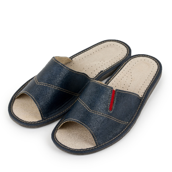 Skórzane Klapki Męskie - Niebieskie Eleganckie Pantofle r. 46