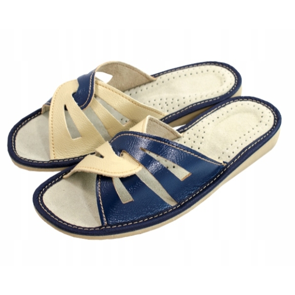 Skórzane Pantofle Damskie Klapki Granatowe r. 38