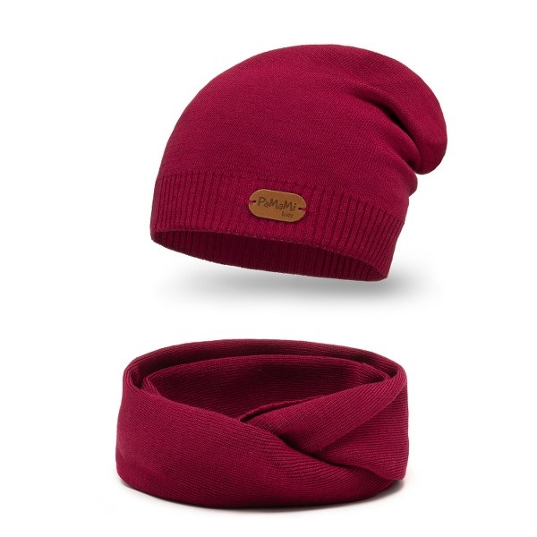 Komplet Dziecięcy PaMaMi Czapka Komin Ciemnoróżowy