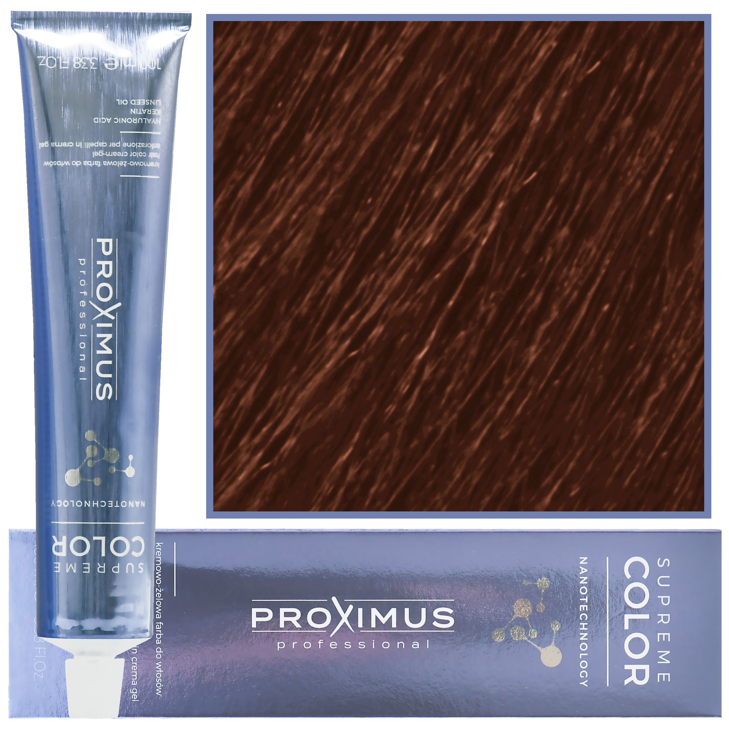 Image of Proximus Supreme Color Nanotechnology – profesjonalna farba do włosów z kwasem hialuronowym, 100ml 5,4 | Jasny Miedziany Brąz